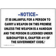 Notice sign about carrying weapons on a premise, with text and blue border.