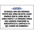 Warning sign in Spanish about carrying a weapon in a certain area, with text and blue border.