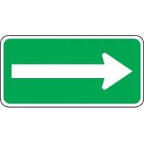 Green traffic sign with a white arrow pointing to the right on a white background