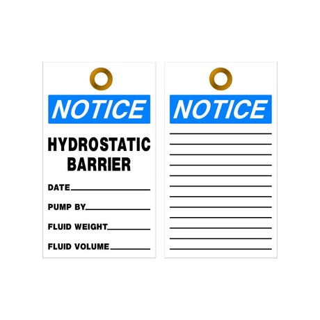 Two tags with 'Notice Hydrostatic Barrier' text on a white background