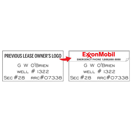 ExxonMobil oil well tag with lease owner information and contact details.