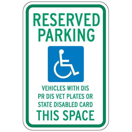 Reserved parking sign for disabled vehicles with wheelchair icon on a white background