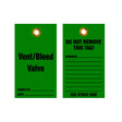 Two green tags with black text on a white background