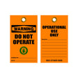 Two orange warning tags with text and a logo on a white background