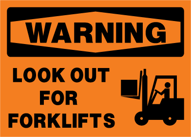 Warning sign with a forklift icon on an orange background